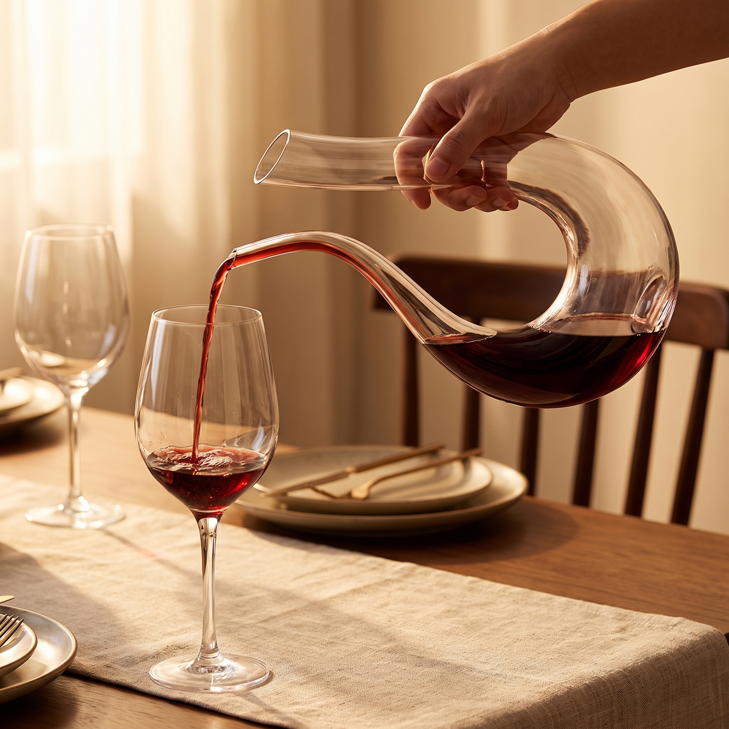 Decantra U-shaped wine decanter - pouring red wine into a glass