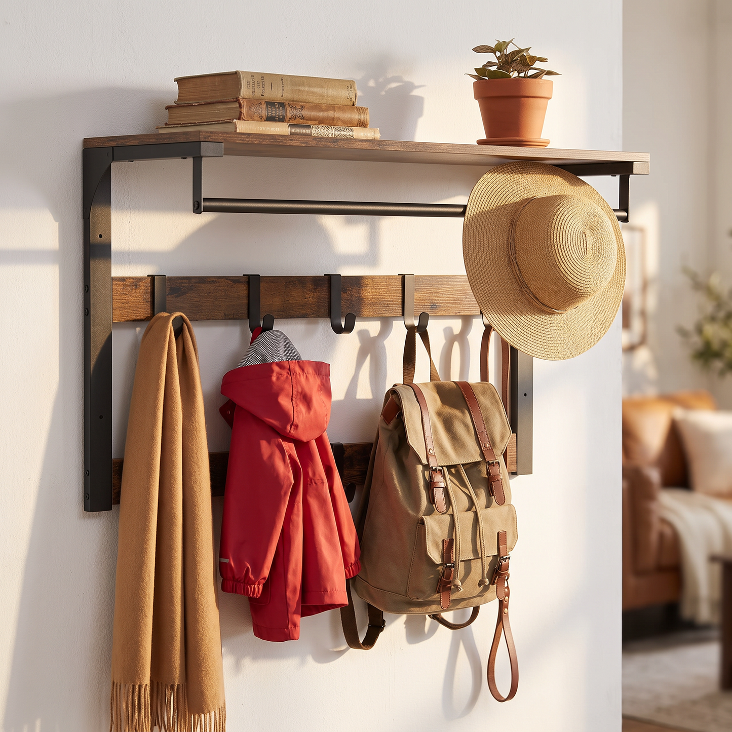 Arvid coat rack in use in a home hallway with scarf, raincoat, backpack and hat