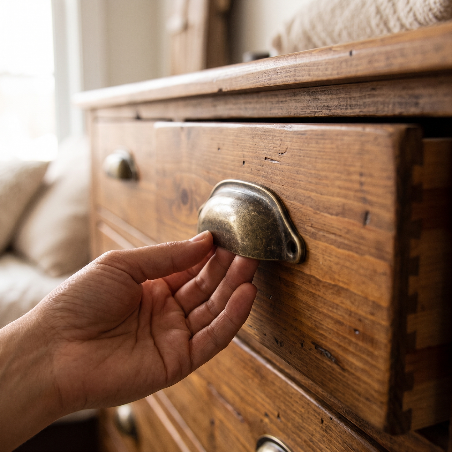 Hand opening a wooden dresser drawer by an antique brass-tone cup pull
