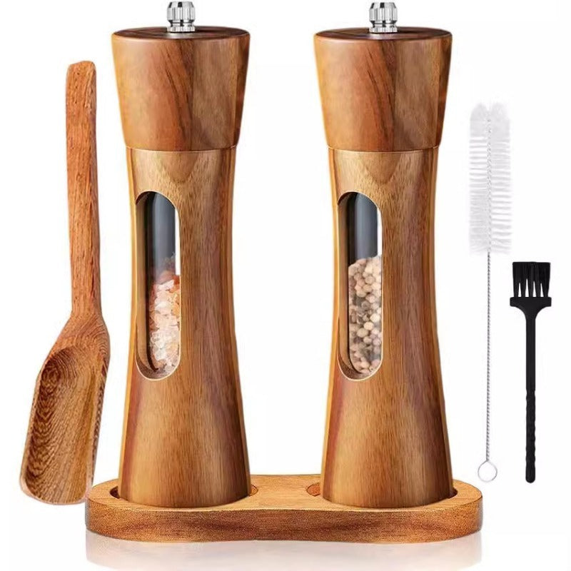 Saltora acacia salt and pepper mills with stand, spoon and brush