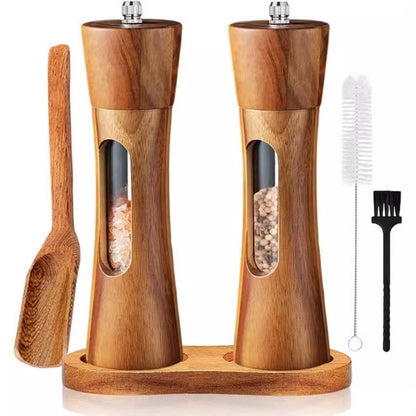 Saltora acacia salt and pepper mills with stand, spoon and brush