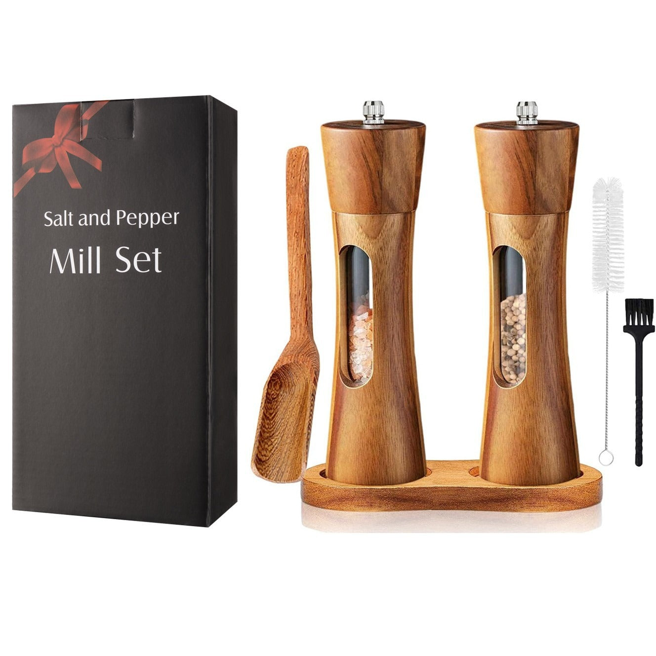 Saltora set of two mills with acacia stand, spoon and brush