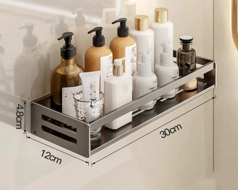 Dusora shelf, 30 cm, holding bottles on a bathroom wall