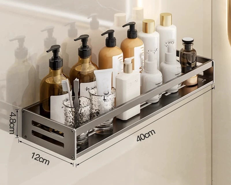 Dusora shelf, 40 cm, holding bottles on a bathroom wall