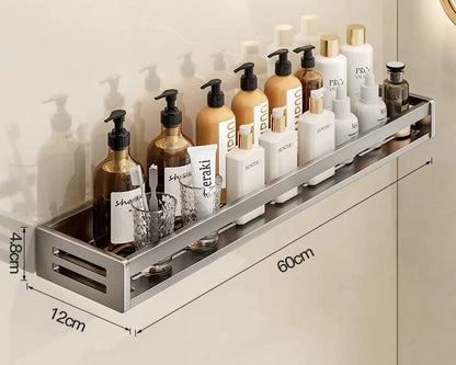 Dusora shelf, 60 cm, holding bottles on a bathroom wall