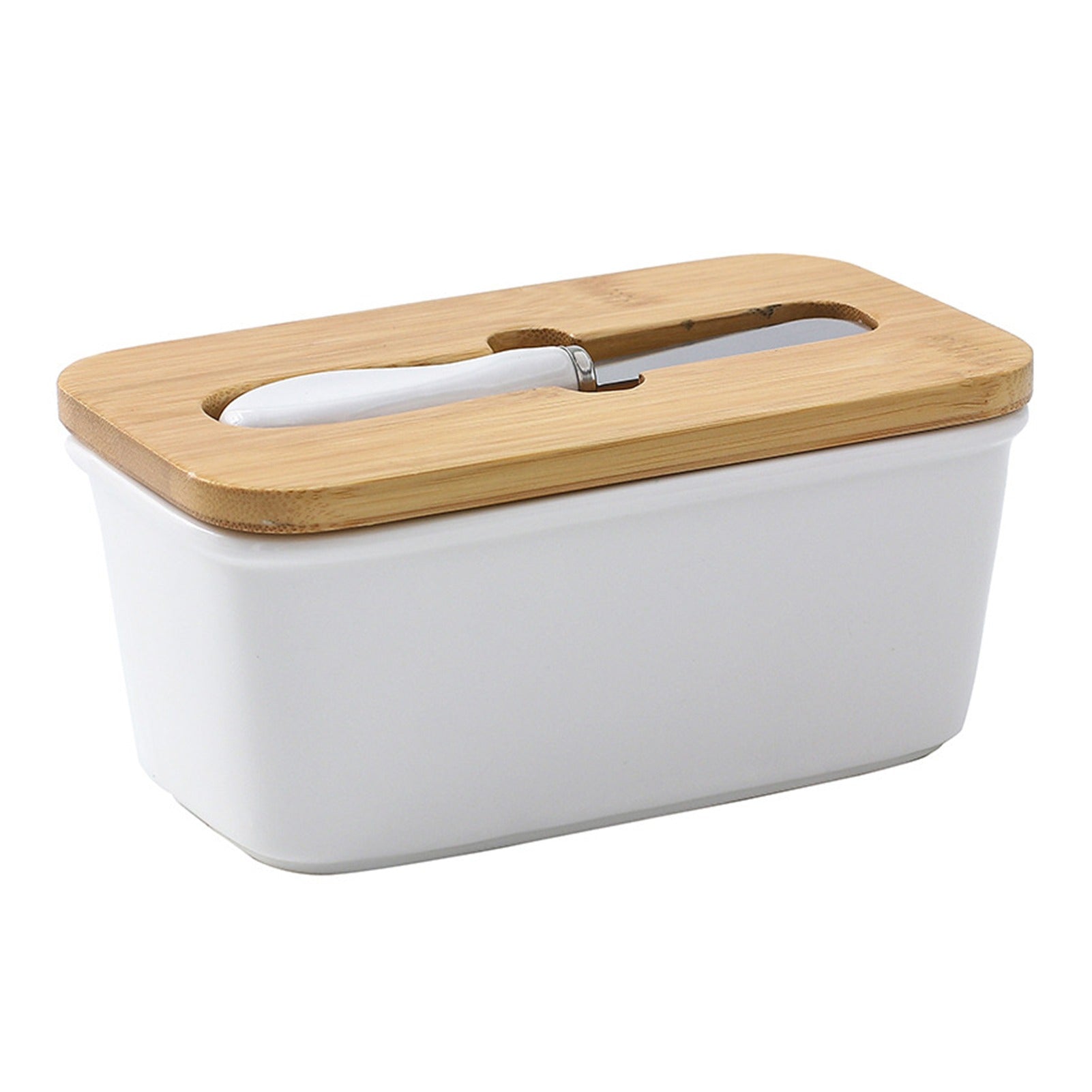 Kremora ceramic butter dish in white with bamboo lid and knife