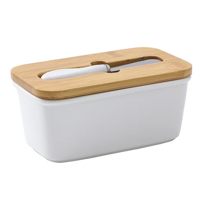 Kremora ceramic butter dish in white with bamboo lid and knife