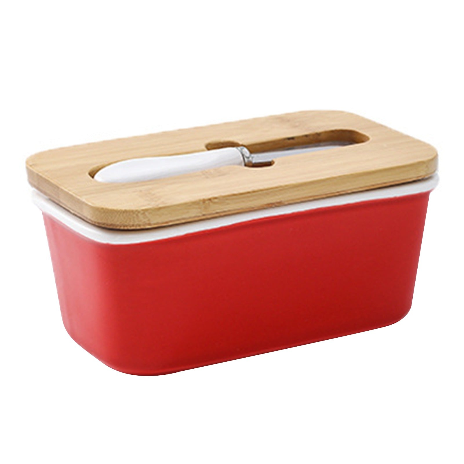 Kremora ceramic butter dish in red with bamboo lid and knife