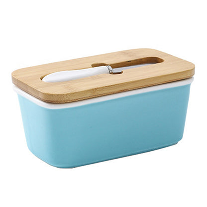 Kremora ceramic butter dish in blue with bamboo lid and knife