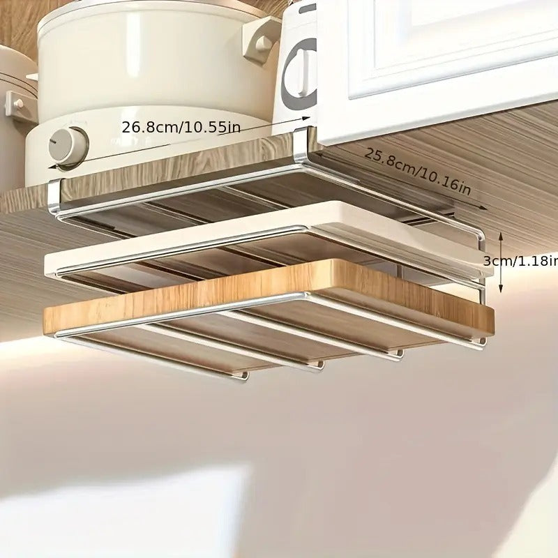 Nesvik rack fitted under a shelf with dimensions marked