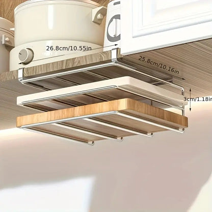 Nesvik rack fitted under a shelf with dimensions marked