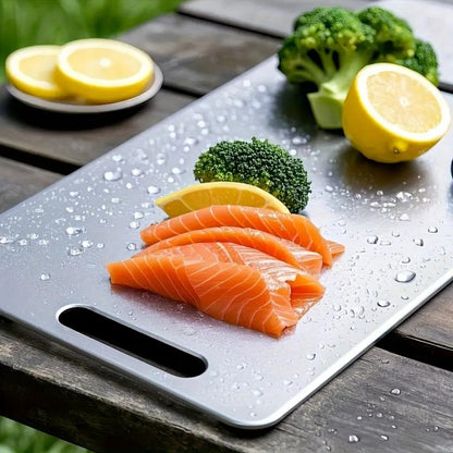 Inoxa steel board outdoors with salmon, lemon and broccoli