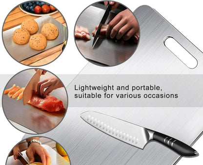 Close-ups of the Inoxa board in use with meat, bread and fruit
