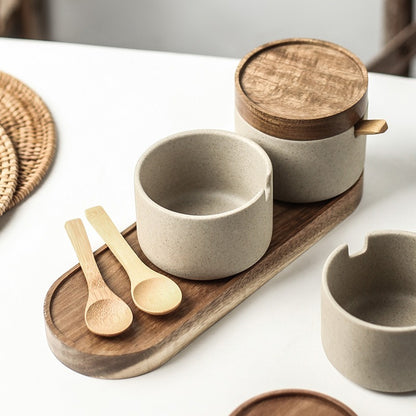 Sazuna set with the small wooden spoons resting on the acacia tray