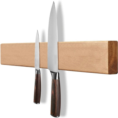 Bladora acacia magnetic knife holder with two knives on a white background