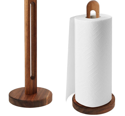 Torkia standing acacia paper towel holder, shown empty and with a roll