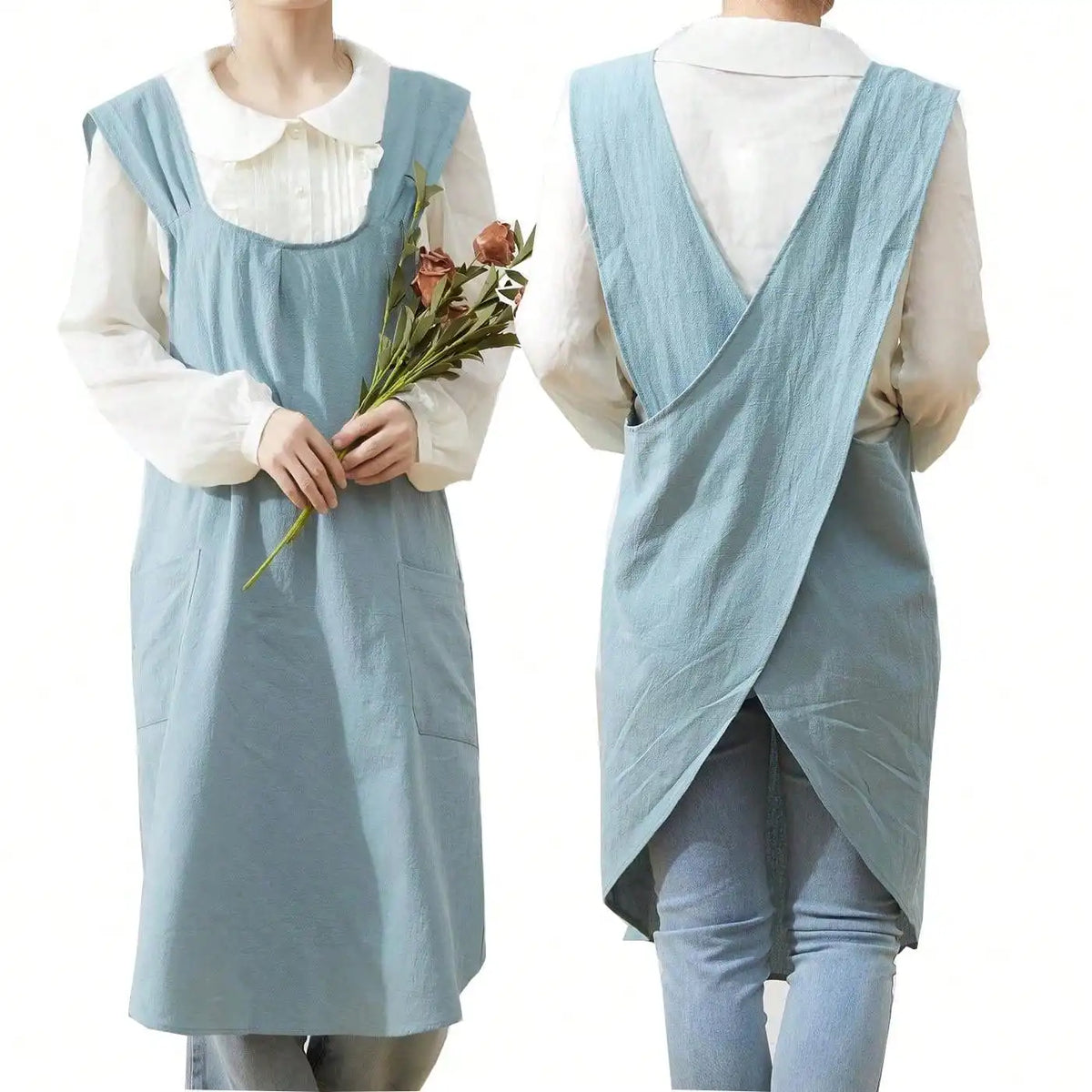 Linora - Cross-Back Cotton Linen Apron — Dusty Blue