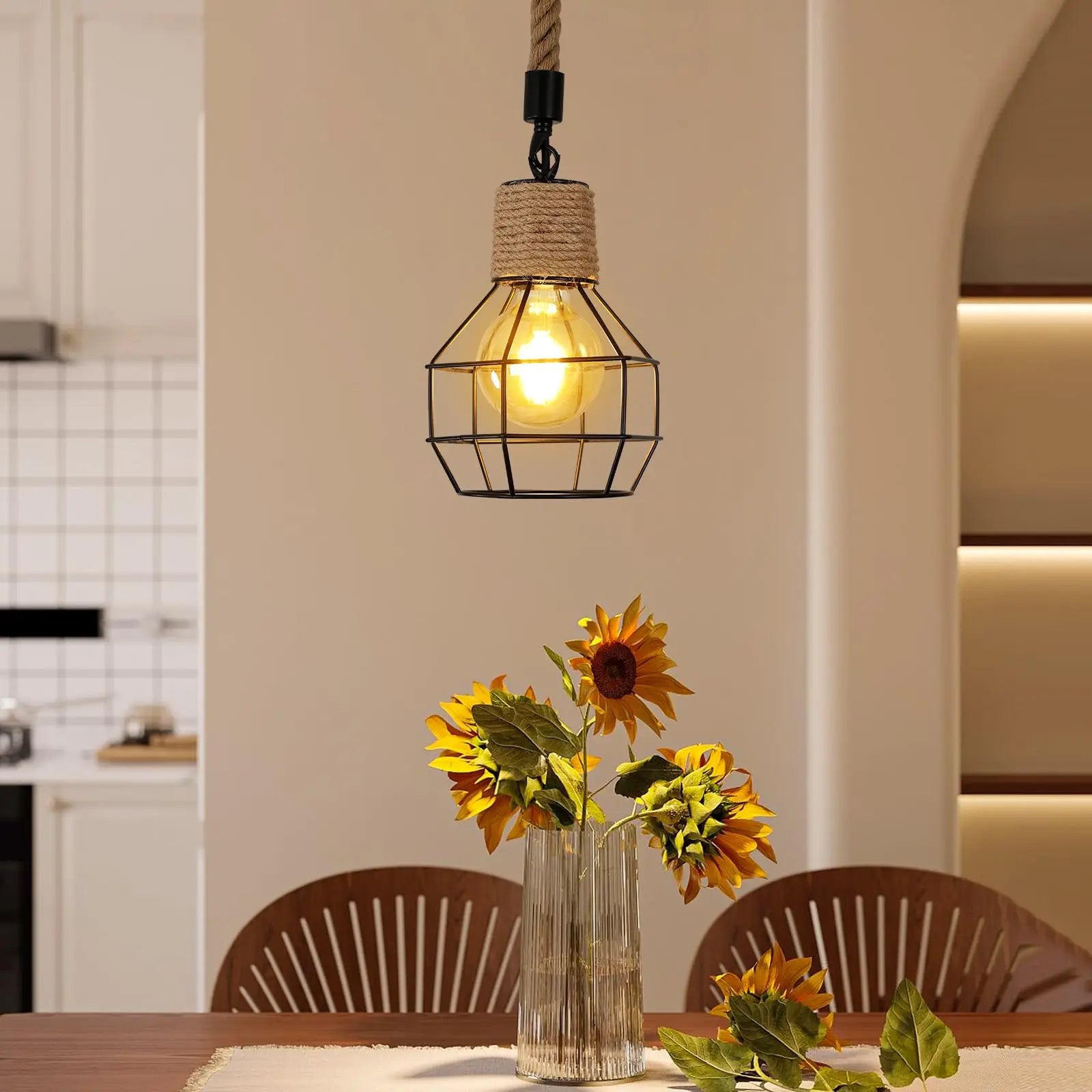 Ropewick - 3-Light Industrial Cage Pendant Lamp