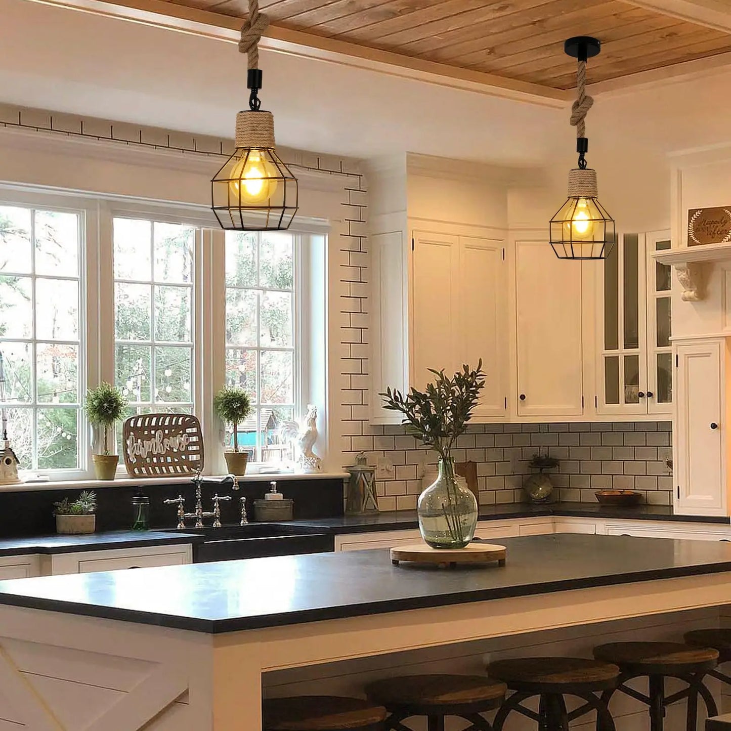 Ropewick - 3-Light Industrial Cage Pendant Lamp