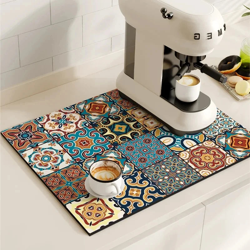 Azulejo - Patterned Coffee and Dish Drying Mat — Tile I