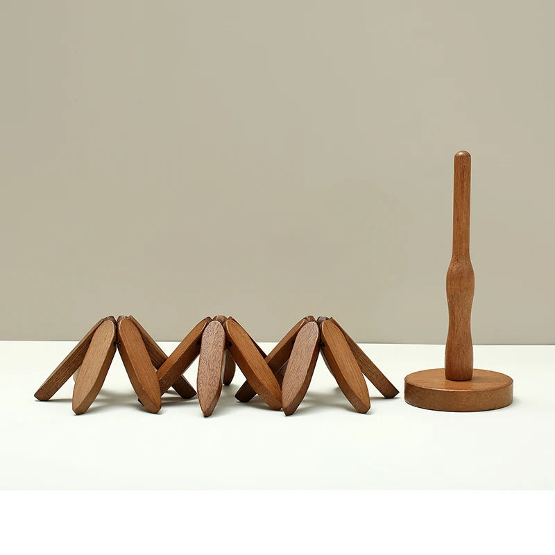 Pinora folding wooden trivet tree in walnut tone - coasters folded flat beside the stand