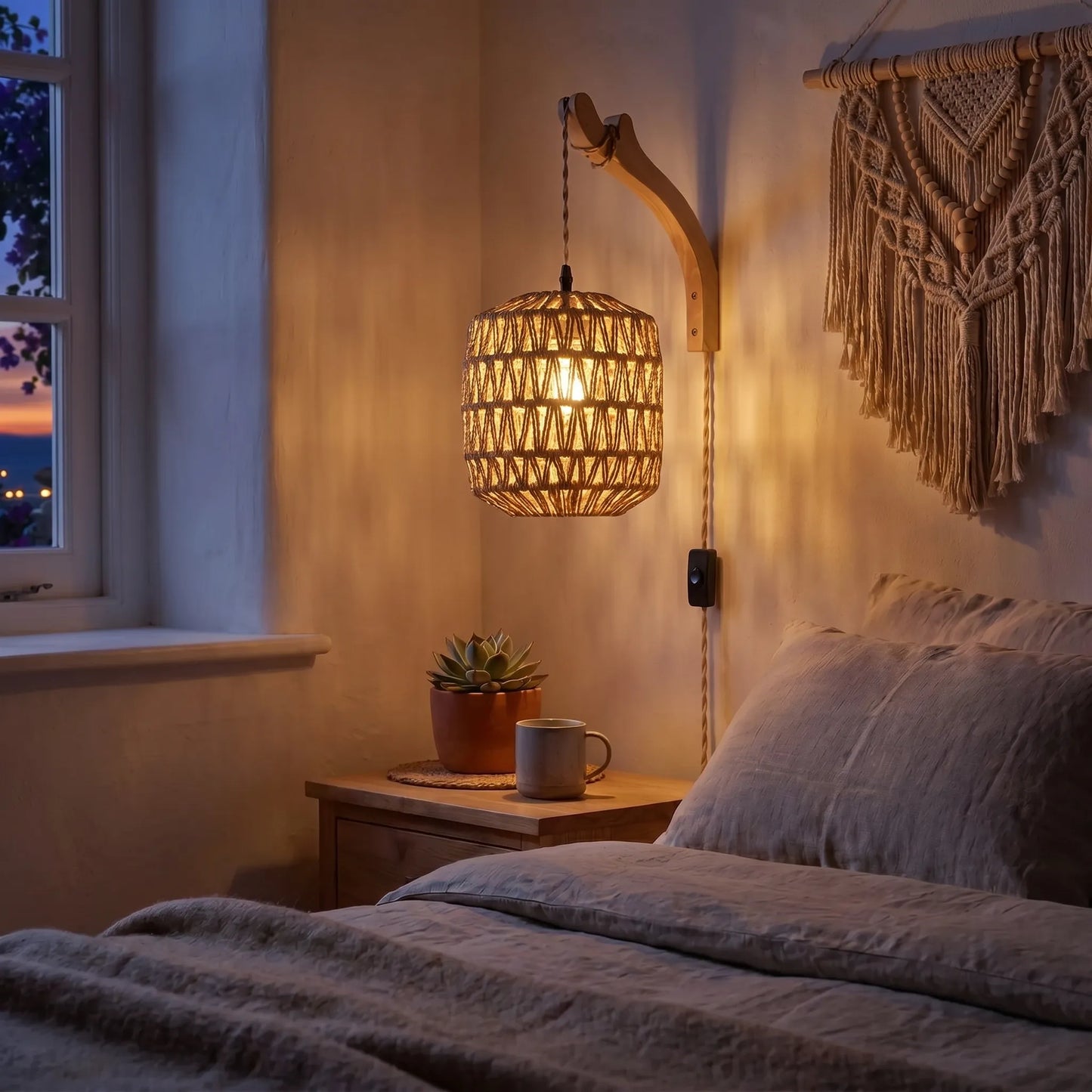 Wicklow - Woven Rope Wall Sconce With Wooden Arm