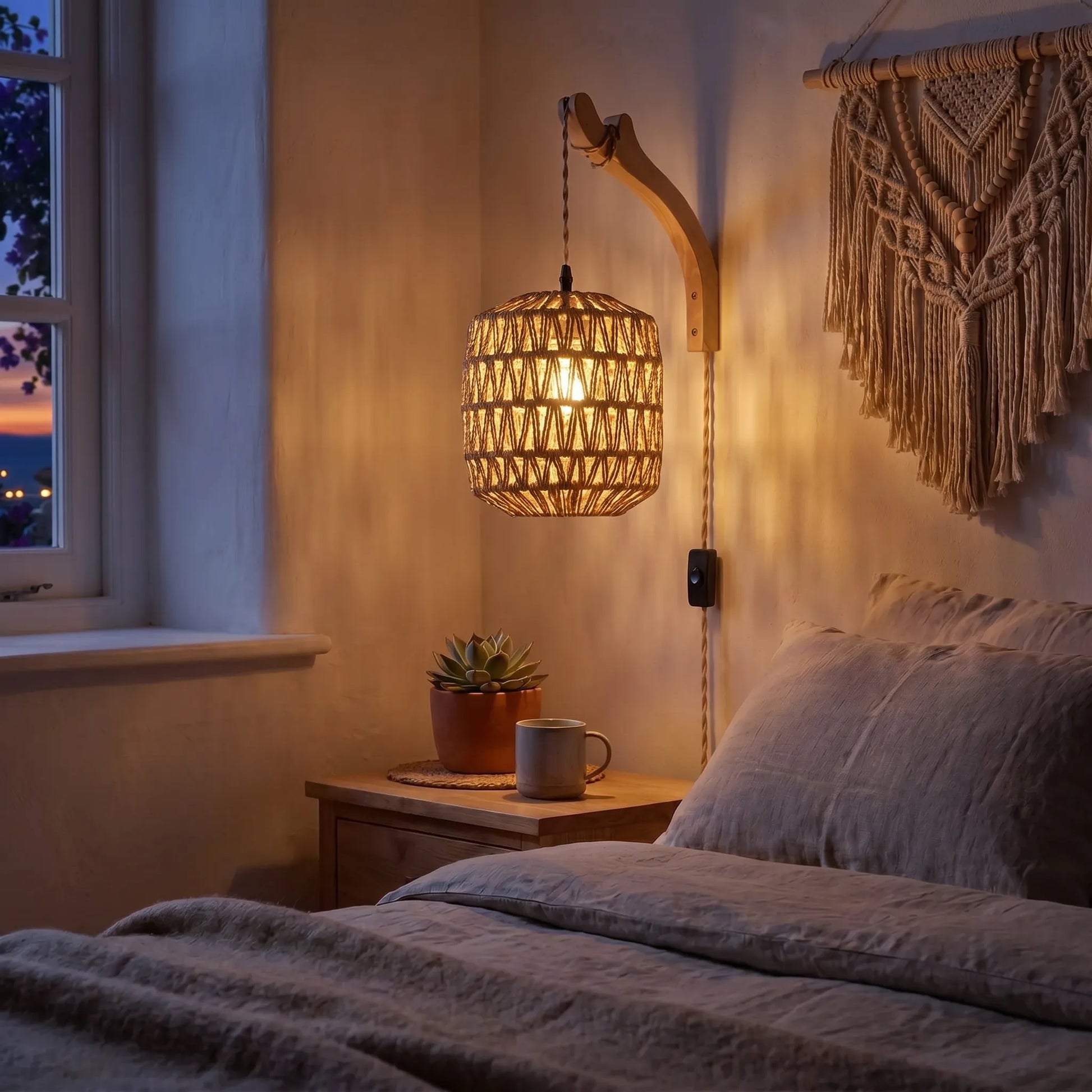 Wicklow - Woven Rope Wall Sconce With Wooden Arm