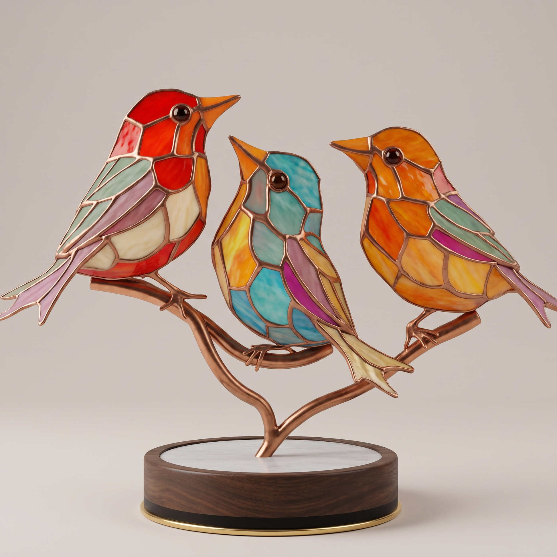 Avelis three-bird set in scarlet, turquoise and orange on a dark walnut base with pale top