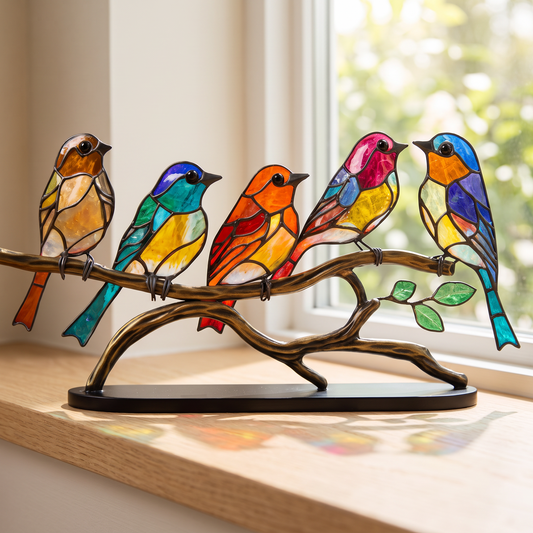 Avelis acrylic bird sculpture glowing on a sunlit windowsill