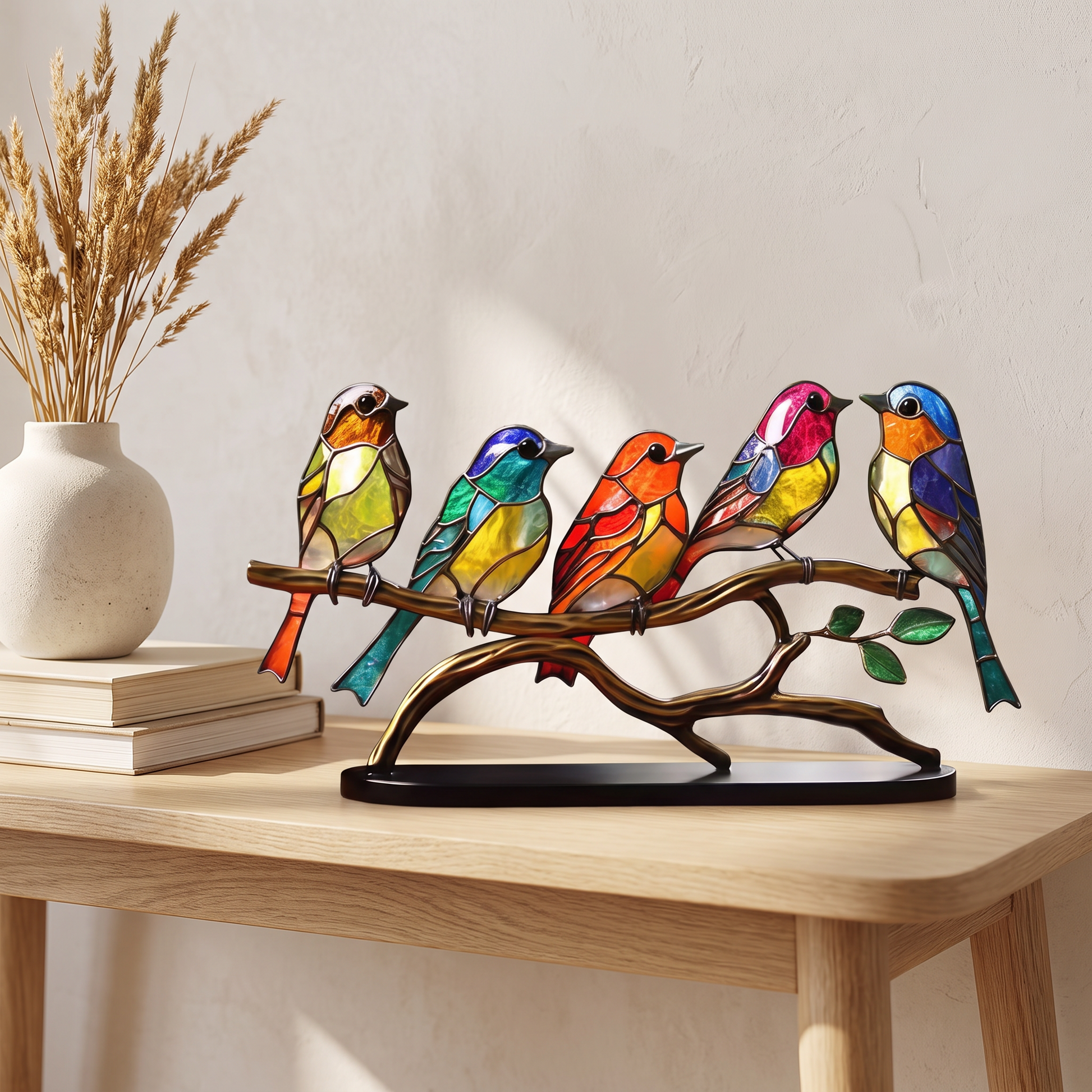 Avelis bird sculpture styled on an oak console table