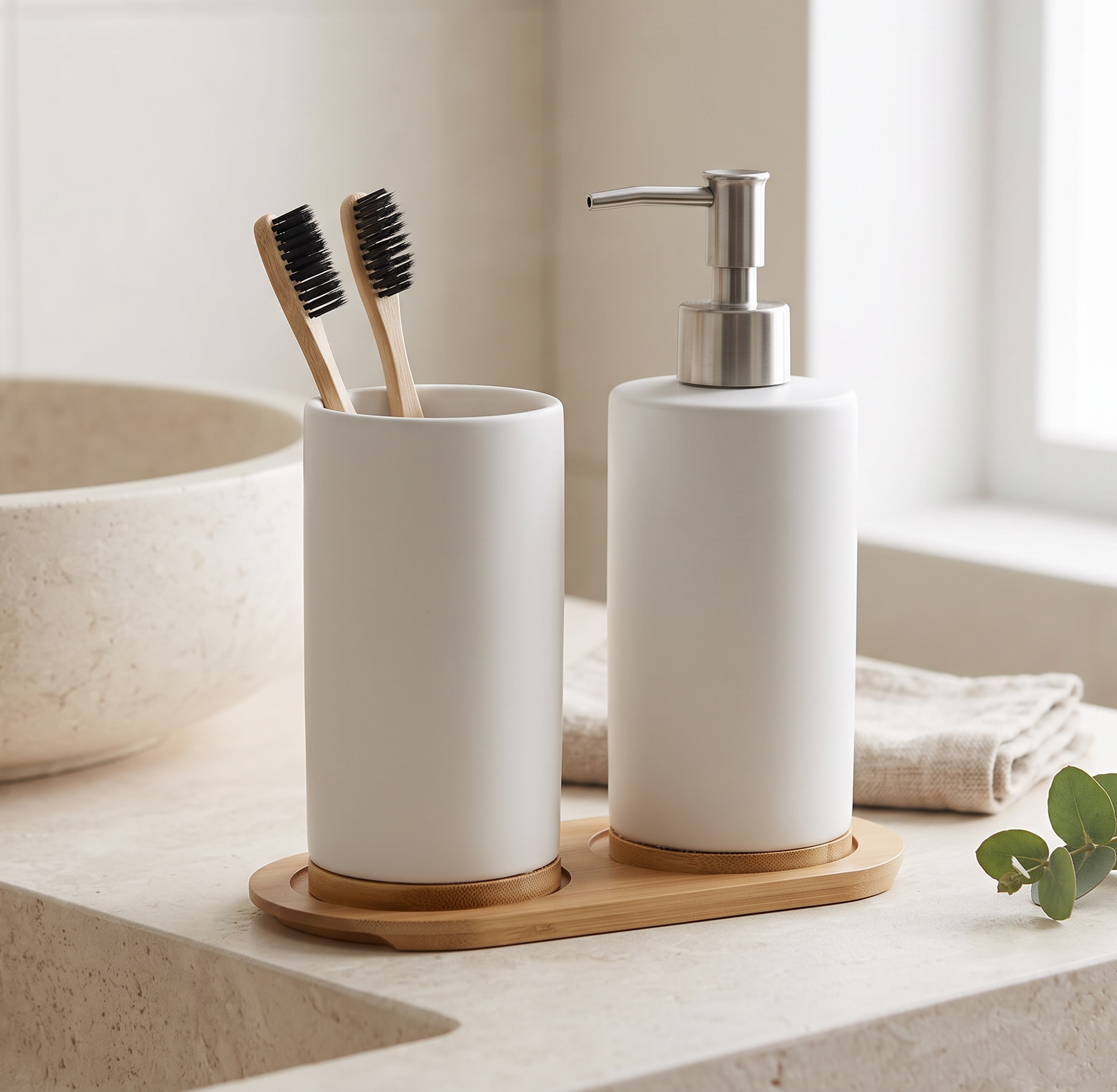 Bathora ceramic bathroom set - on a travertine basin counter with linen towel