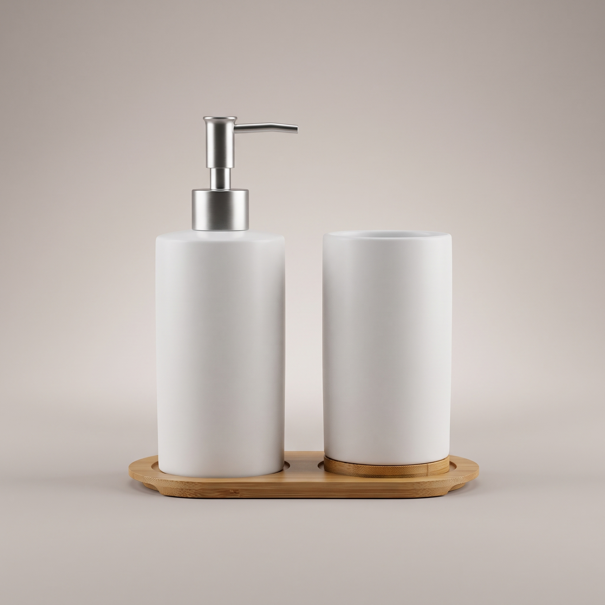 Bathora ceramic bathroom set - studio packshot on neutral grey