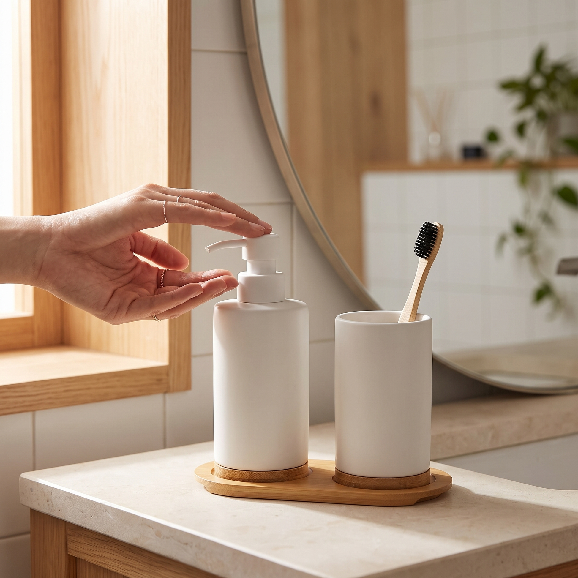 Bathora ceramic bathroom set - in use on a basin, hand pressing the pump