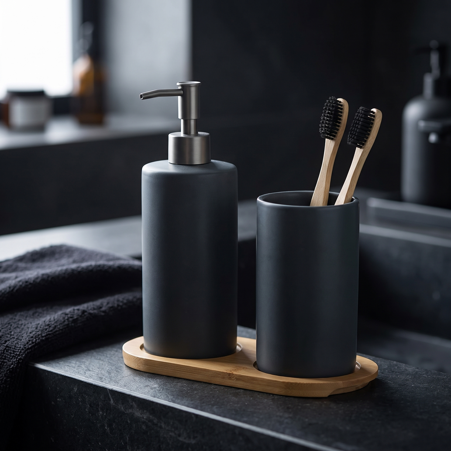 Bathora ceramic bathroom set - the charcoal version in a darker bathroom