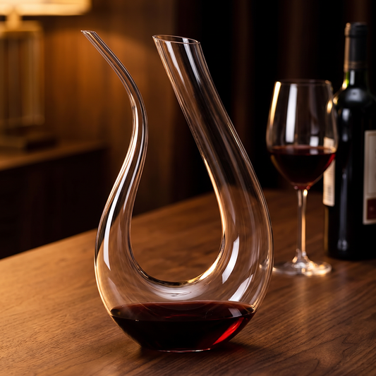 Decantra U-shaped wine decanter - on a walnut dining table in the evening
