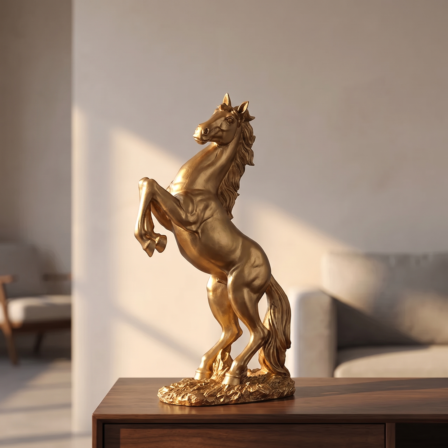 Equira rearing horse figurine - gold, on a walnut console table