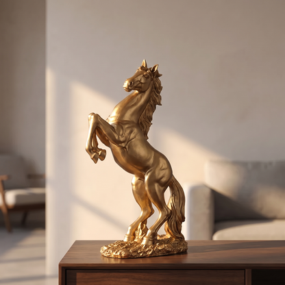 Equira rearing horse figurine - gold, on a walnut console table
