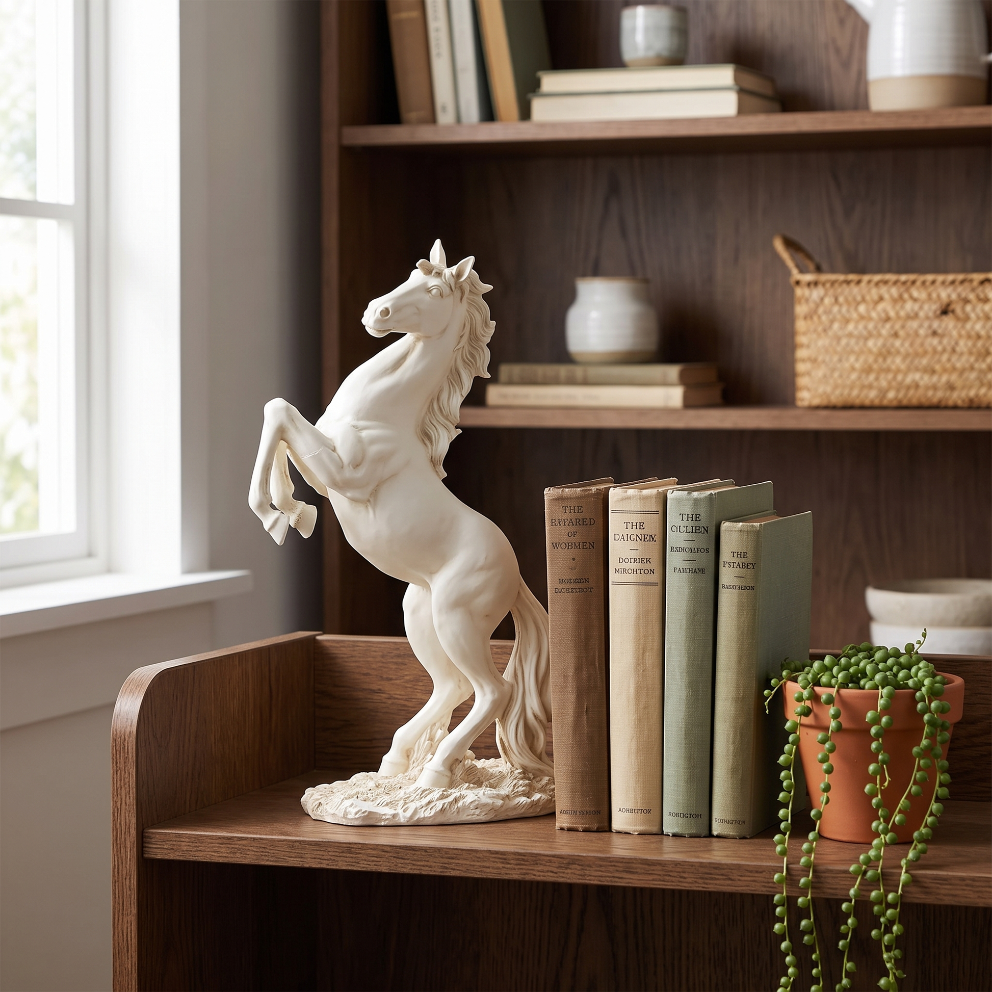 Equira rearing horse figurine - white, on a bookshelf