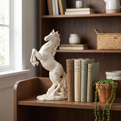 Equira rearing horse figurine - white, on a bookshelf