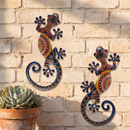 Gekkora - Hand-Painted Metal Gecko Wall Art, Set of 2