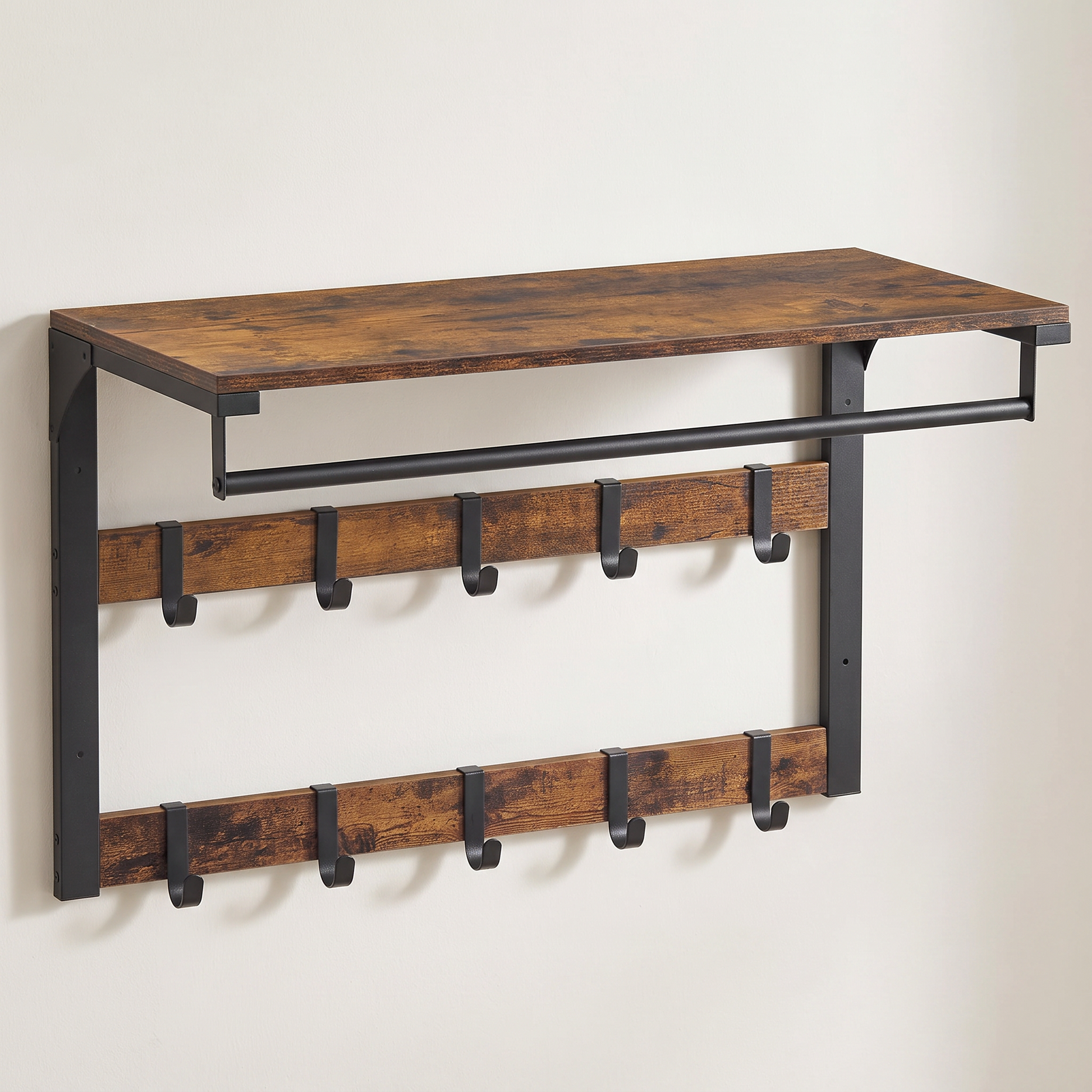 Arvid industrial wall coat rack with shelf mounted on a wall, three-quarter view