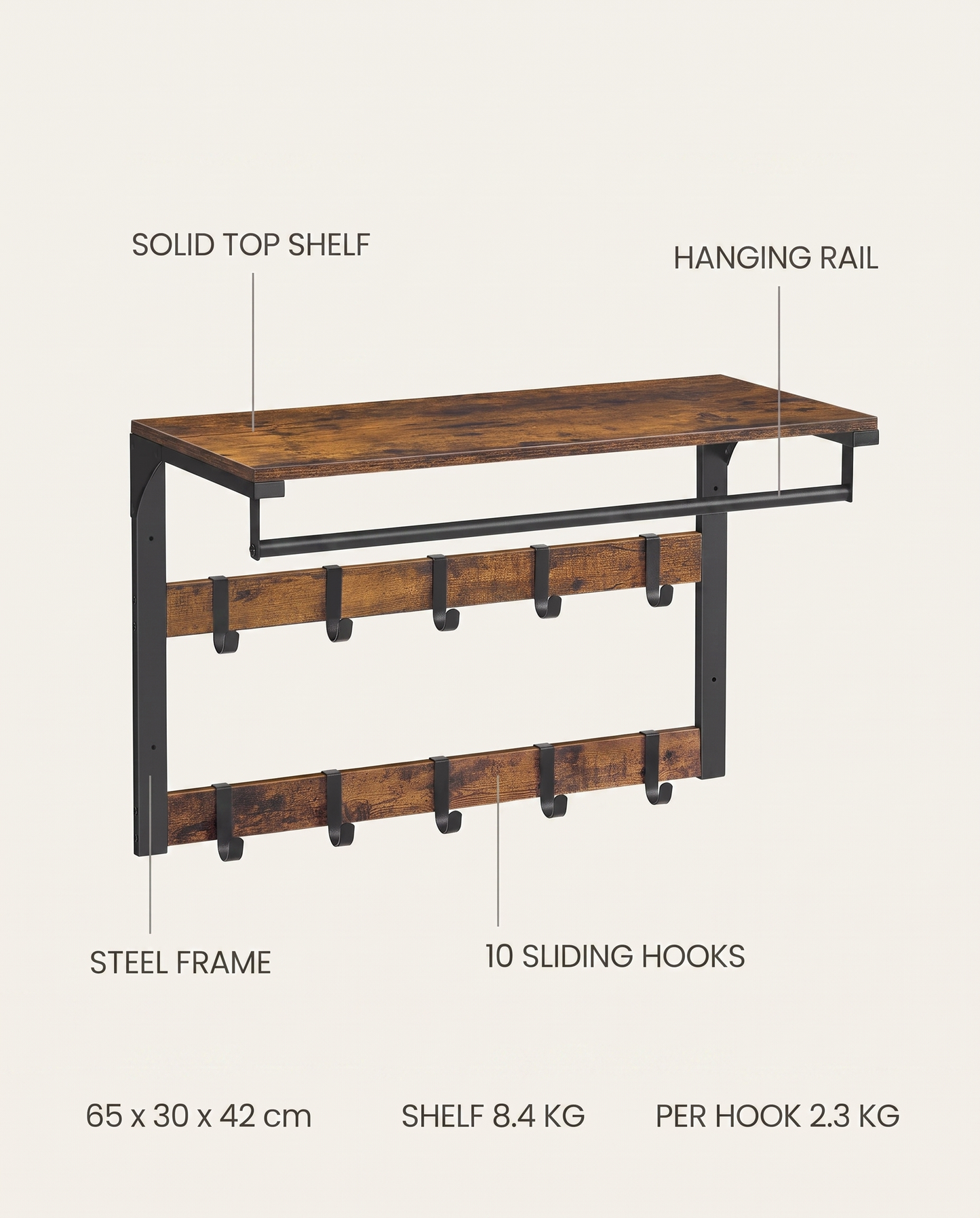 Infographic of the Arvid coat rack showing shelf, hanging rail, 10 sliding hooks and dimensions