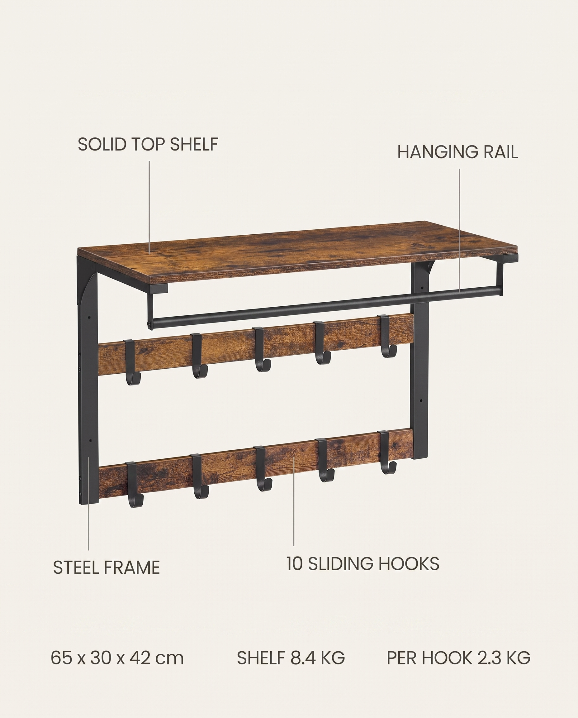 Infographic of the Arvid coat rack showing shelf, hanging rail, 10 sliding hooks and dimensions