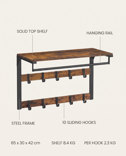 Infographic of the Arvid coat rack showing shelf, hanging rail, 10 sliding hooks and dimensions