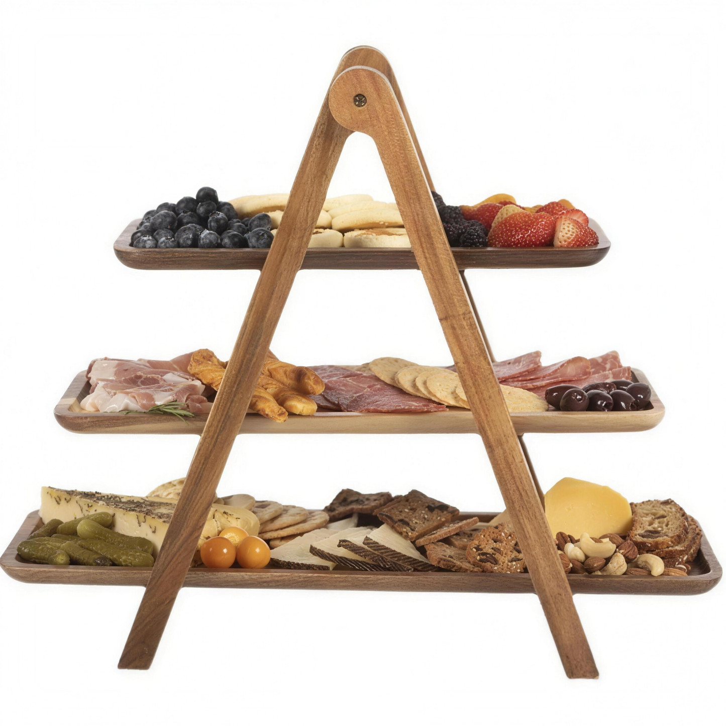 Acacia three-tier serving stand with charcuterie, cheese and fruit
