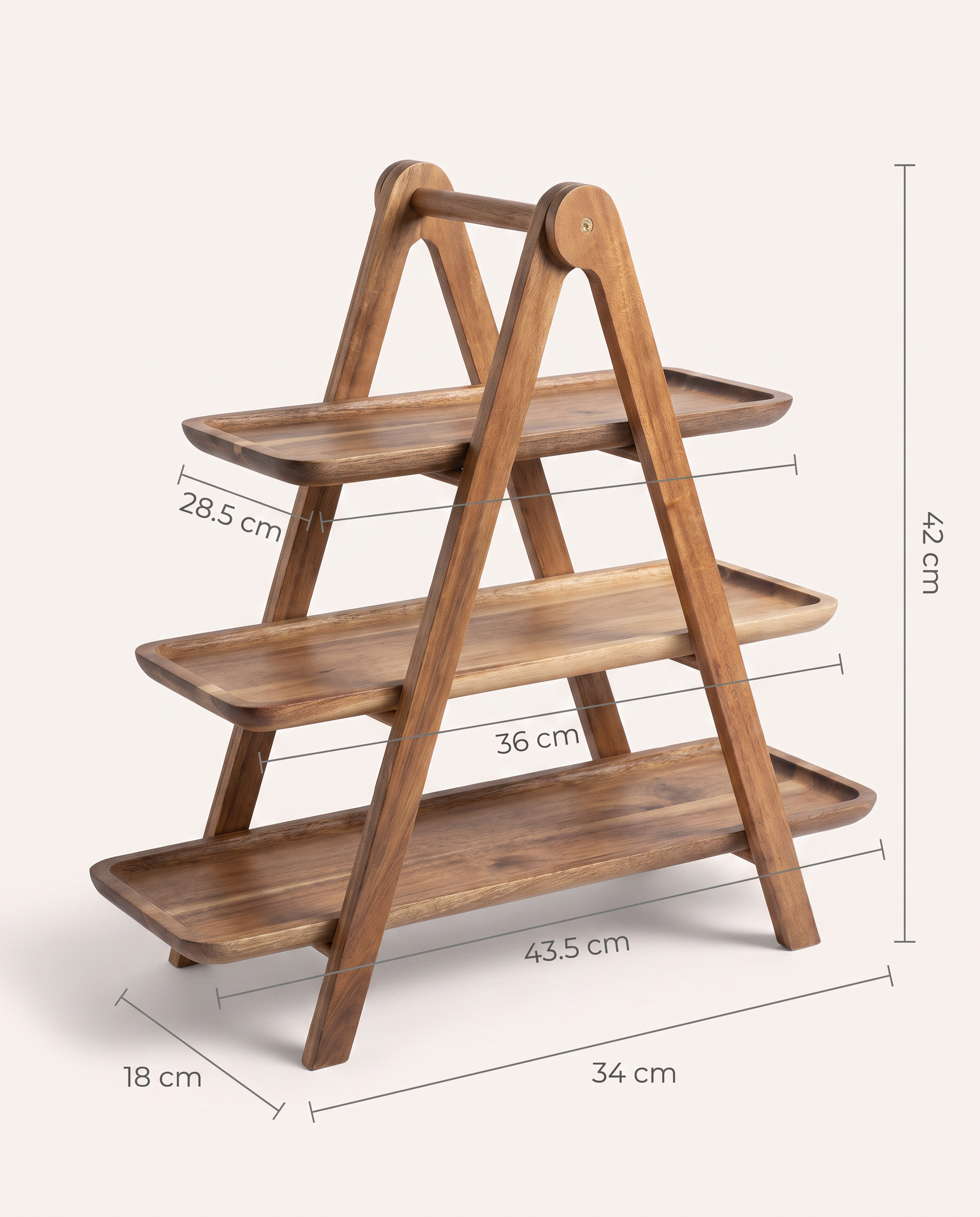 Dimension diagram of the acacia three-tier serving stand: 34 x 18 x 42 cm with tray lengths