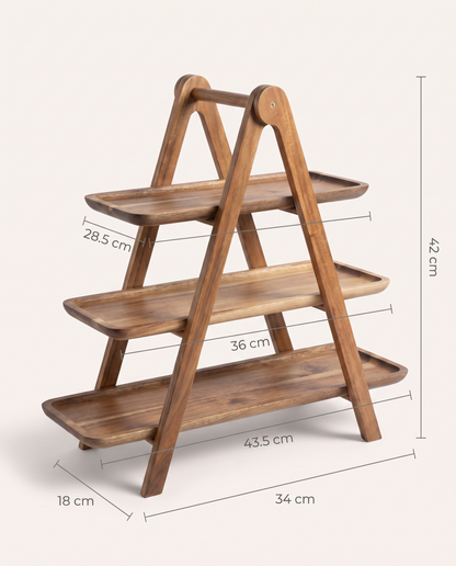Dimension diagram of the acacia three-tier serving stand: 34 x 18 x 42 cm with tray lengths