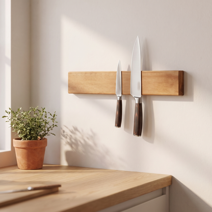 Bladora acacia magnetic knife holder on a kitchen wall with two chef's knives
