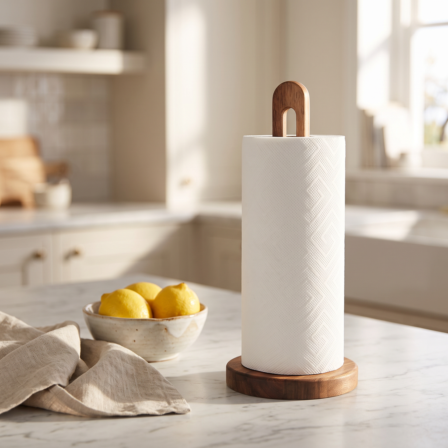Torkia acacia paper towel holder on a marble kitchen worktop