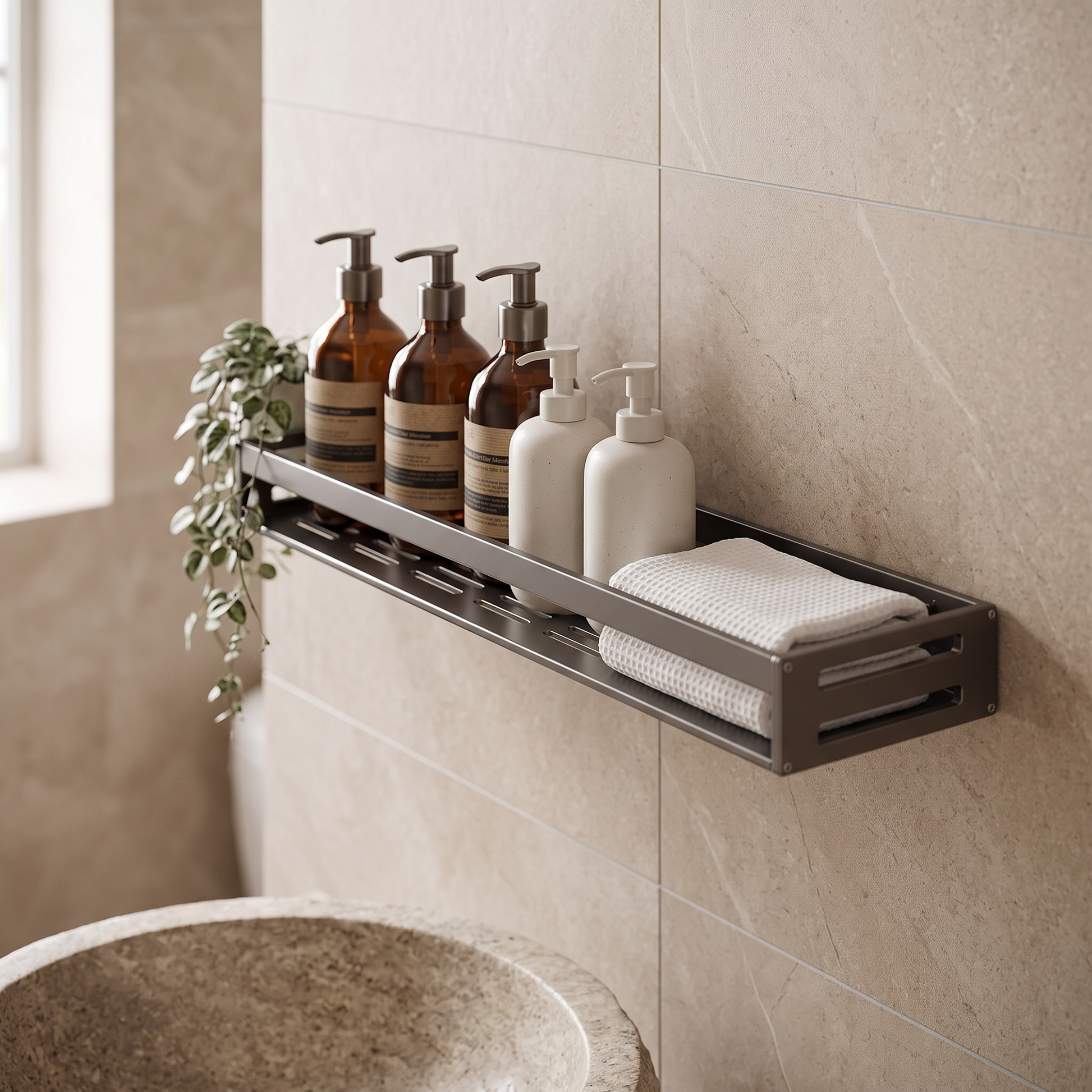Dusora aluminium bathroom shelf mounted on a tiled wall with bottles
